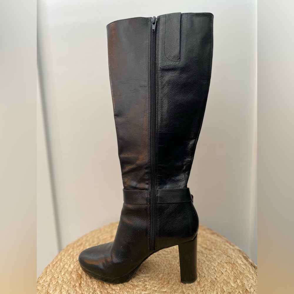 NINE WEST KALEIGH Black Leather Block Heel Knee High boots Women's Size 8.5
